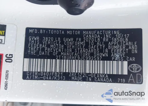 2018 Toyota Corolla Le z USA, uszkodzony, nr VIN 2T1BURHE9JC992597